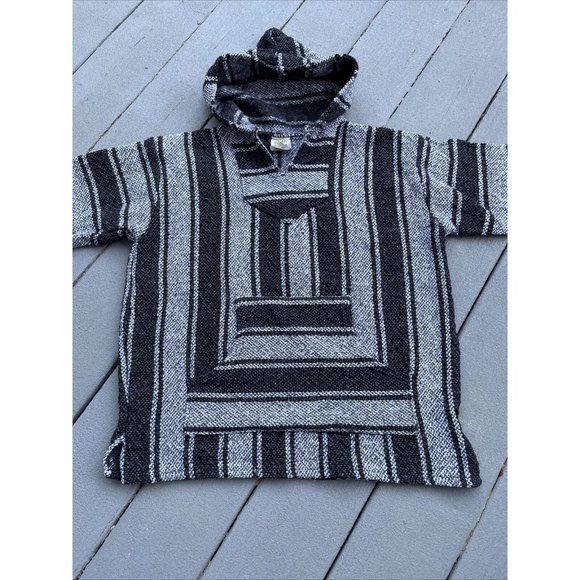 Sunspecs Black Poncho Bohemian Mexican Baja Pullover Hoodie Hippie Woven Medium - Picture 2 of 6